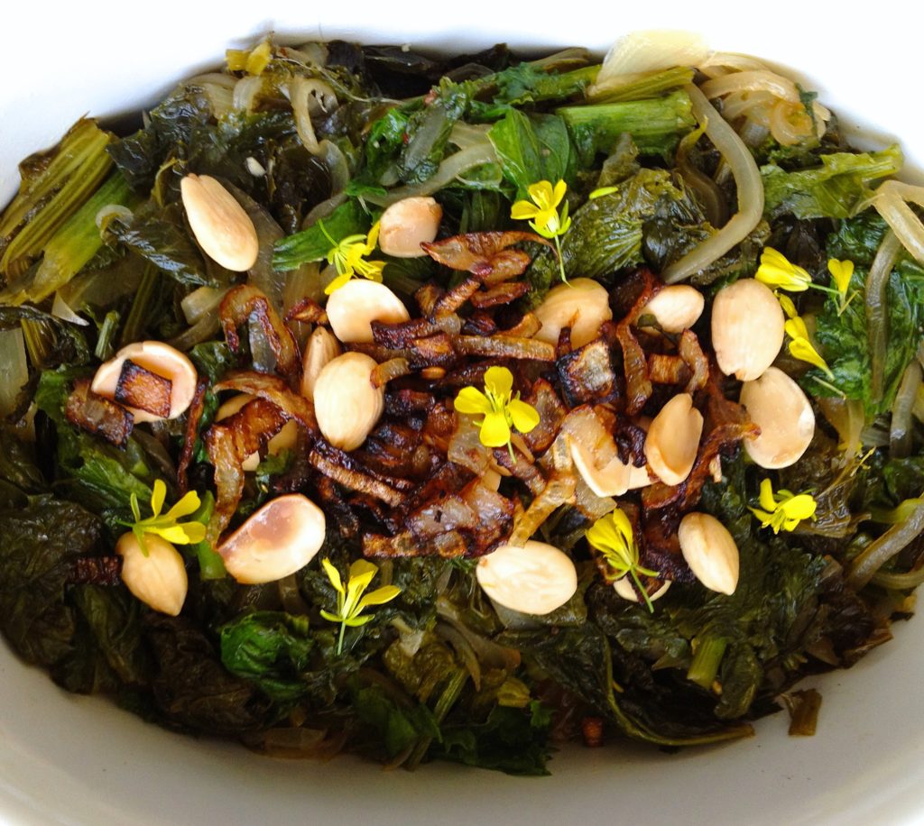 Greens Agrodolce with Marcona Almonds and Crispy Fried Shallots