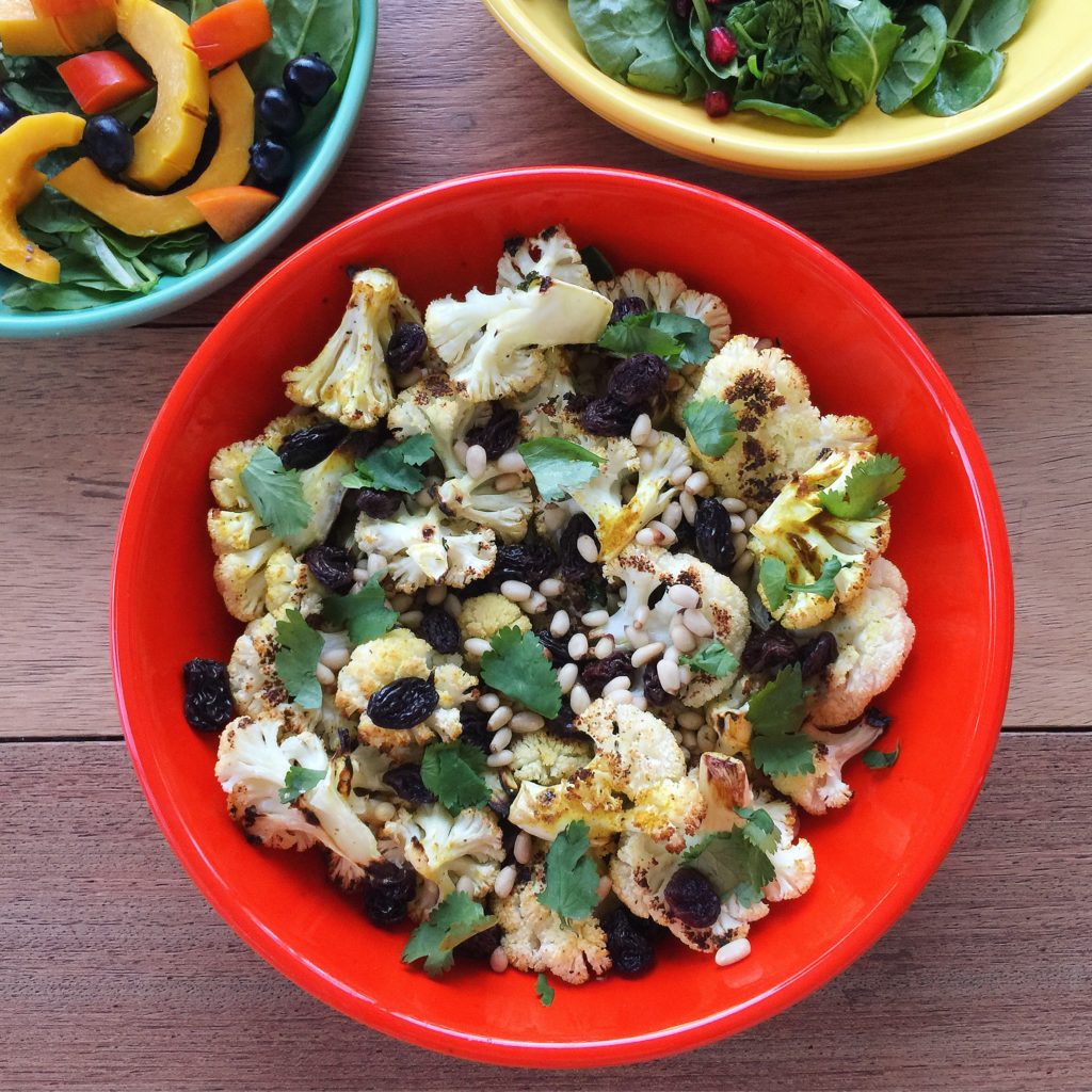 Roasted Spiced Cauliflower with Pine Nuts and Plump Raisins 