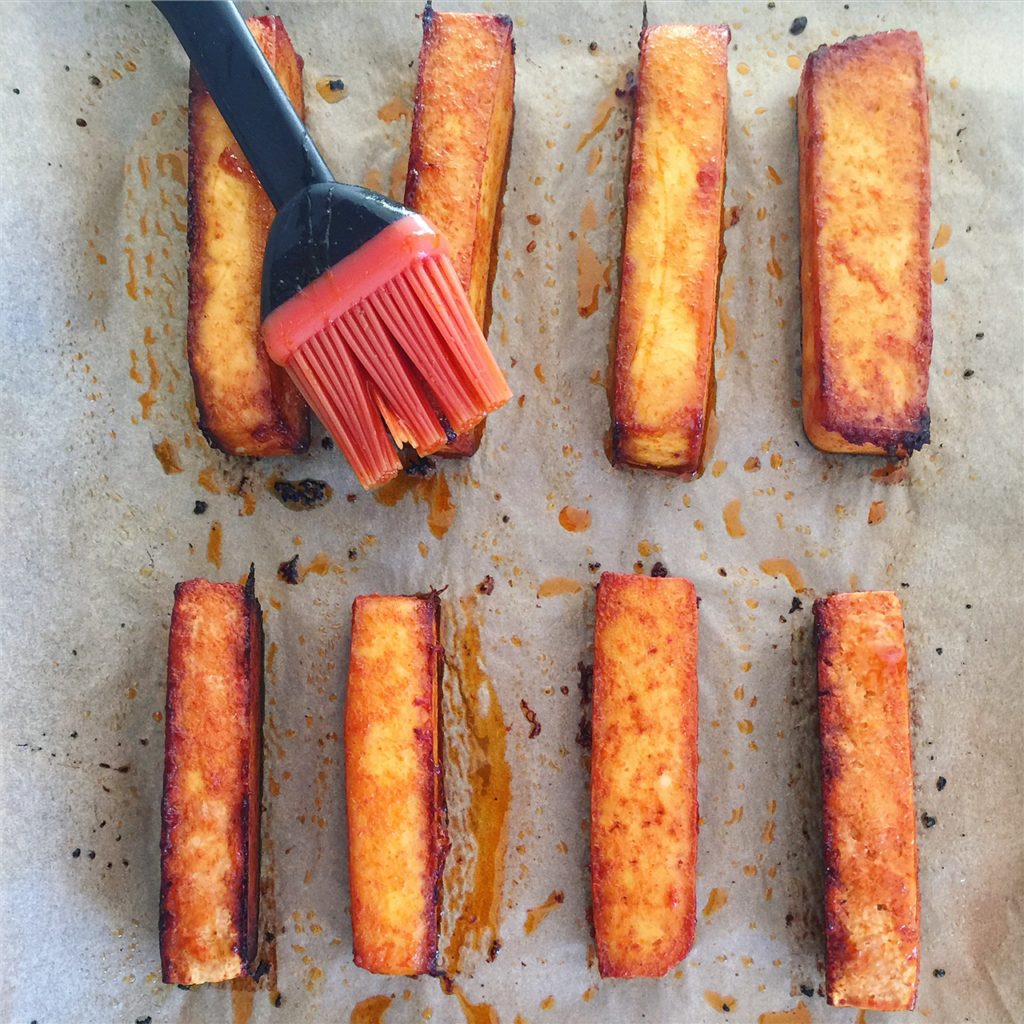 Spicy Buffalo Tofu Fingers with Creamy Avocado Ranch Dressing