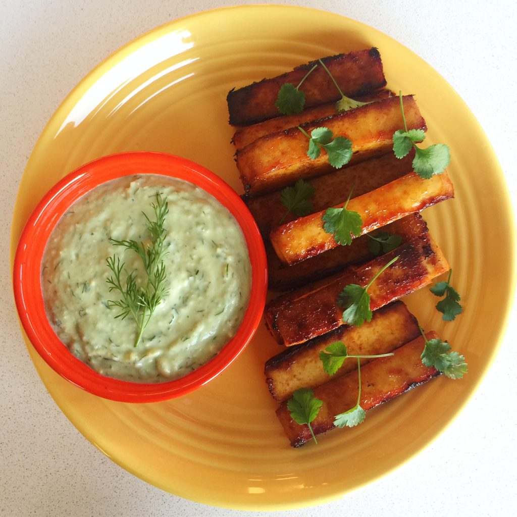 Spicy Buffalo Tofu Fingers with Creamy Avocado Ranch Dressing