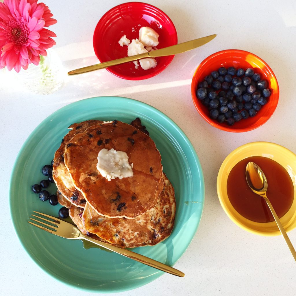 7-Grain Blueberry-Rosemary Pancakes with Orange Blossom and Coconut Butter (dairy-free, egg-free)