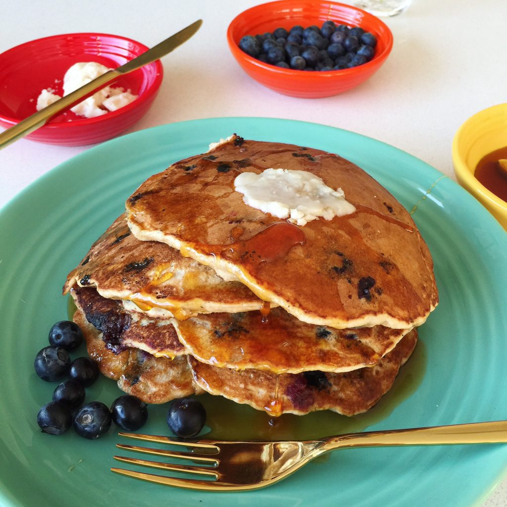 7-Grain Blueberry-Rosemary Pancakes with Orange Blossom and Coconut Butter (dairy-free, egg-free)