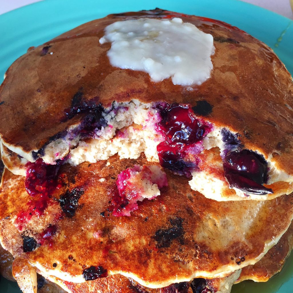 7-Grain Blueberry-Rosemary Pancakes with Orange Blossom and Coconut Butter (dairy-free, egg-free)